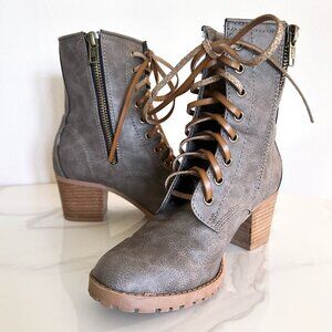 Leather Combat Moto Boots - Gray and Tan